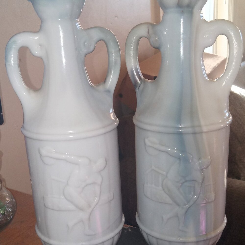 2 Vintage Marbled Discus Greek Olympics Liquor Decanter by Jim Beam (Ca. 1960 s)